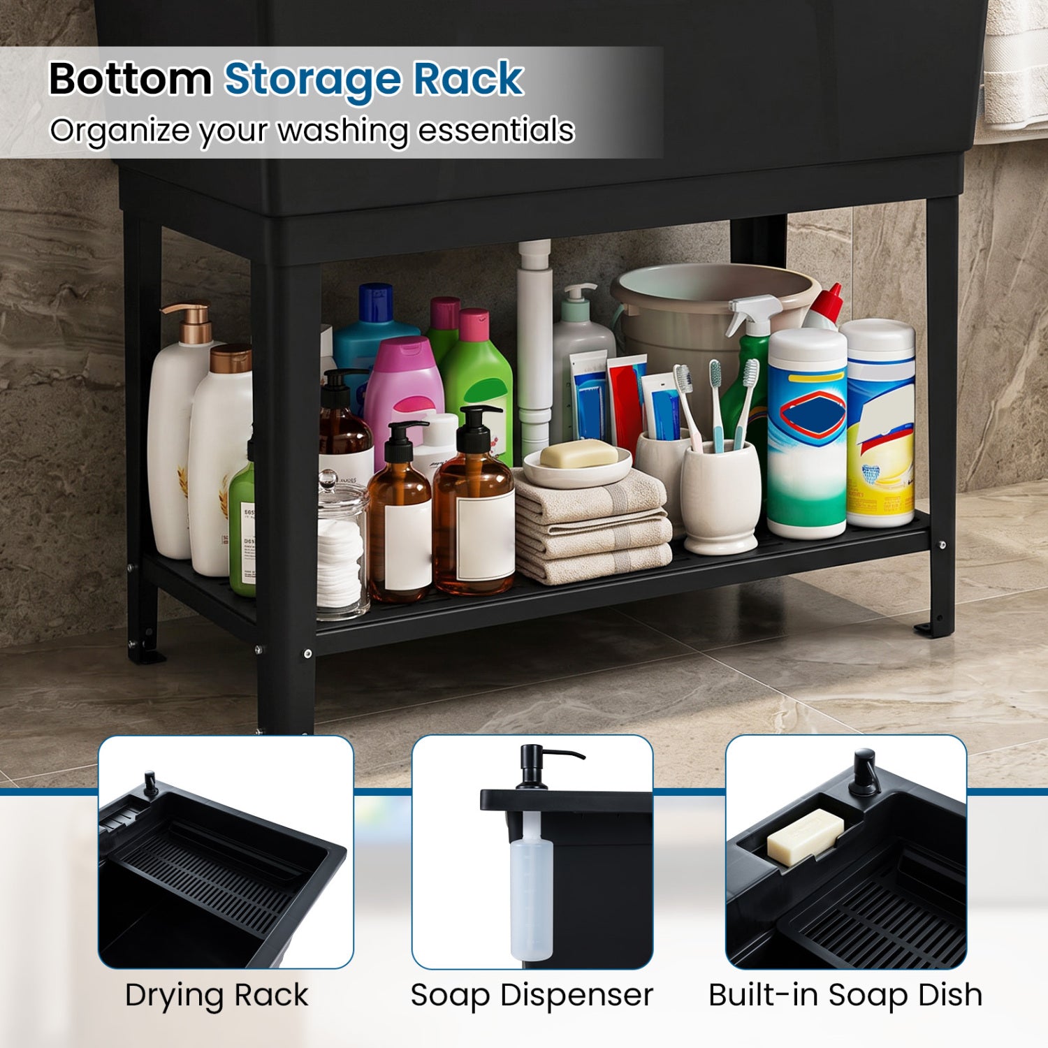 100L Utility Sink Laundry Tub with Rotating Faucet and Storage Shelf-Black