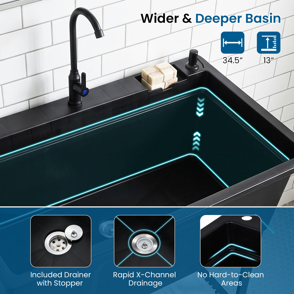 100L Utility Sink Laundry Tub with Rotating Faucet and Storage Shelf-Black