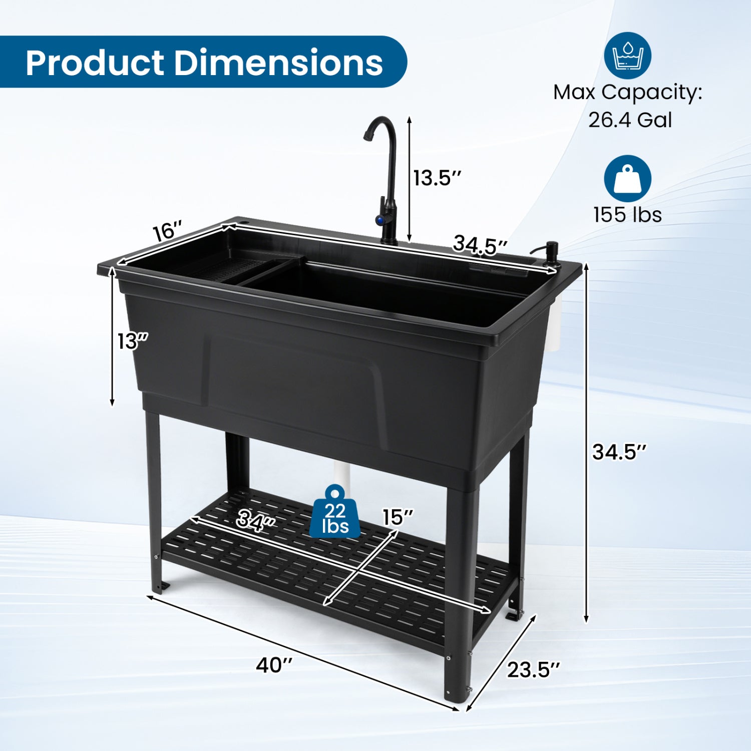 100L Utility Sink Laundry Tub with Rotating Faucet and Storage Shelf-Black