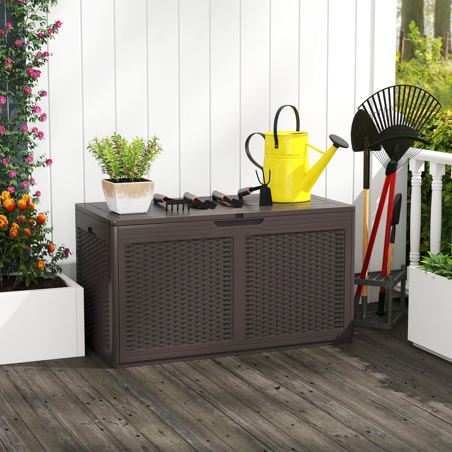 Banc de rangement d'extérieur étanche en résine, 378 L, couleur marron