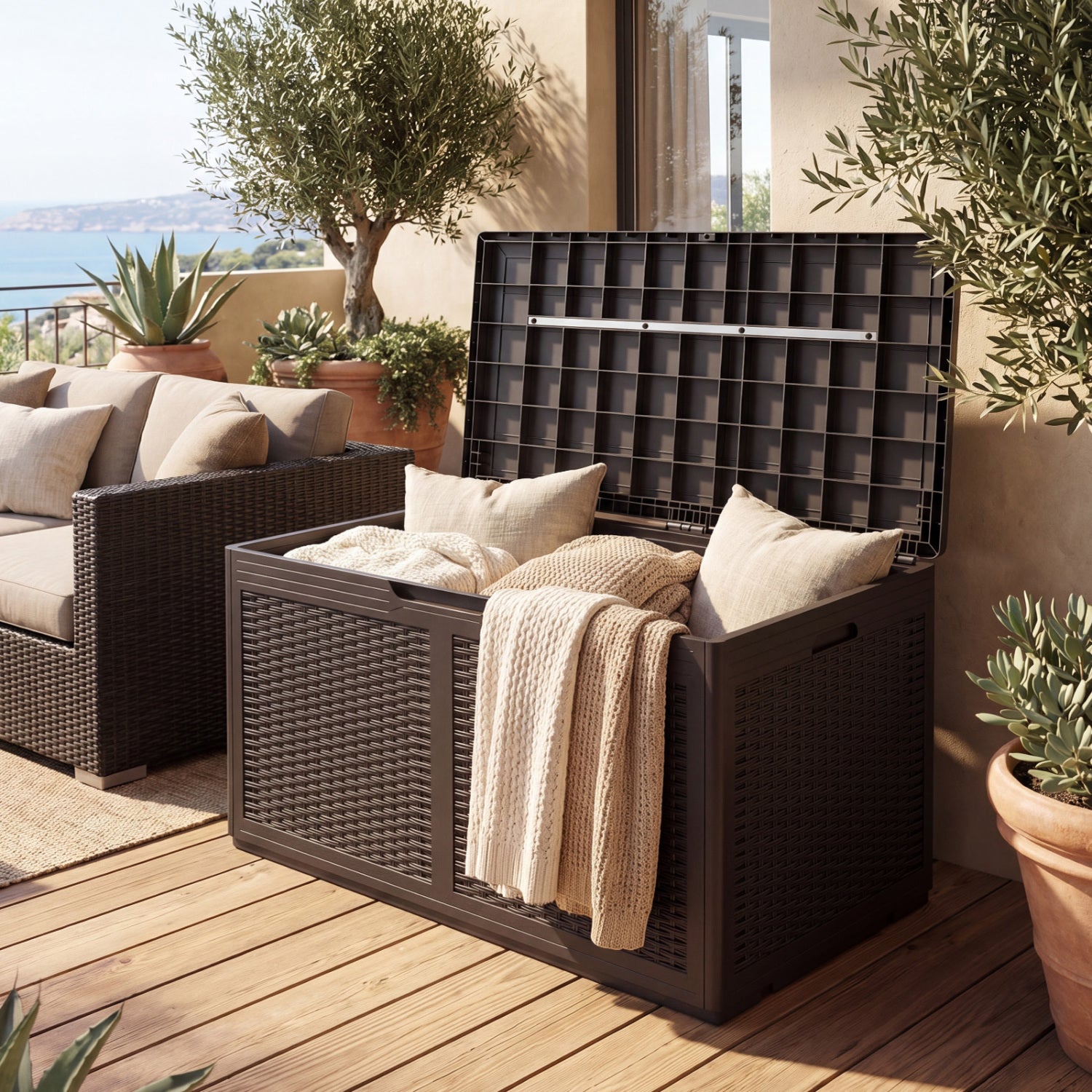 Banc de rangement d'extérieur étanche en résine, 378 L, couleur marron