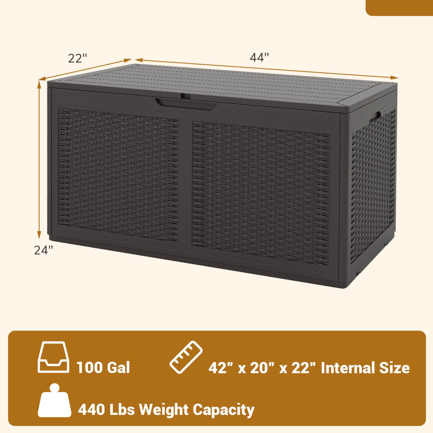 Banc de rangement d'extérieur étanche en résine, 378 L, couleur marron