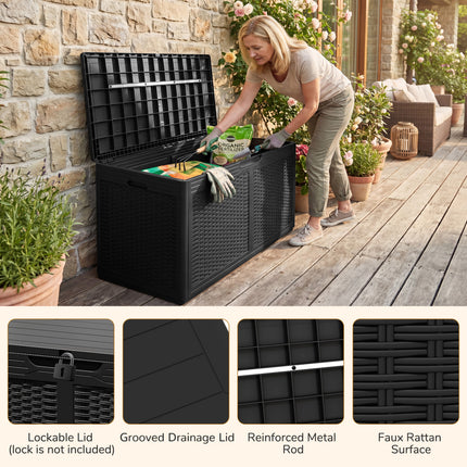 100 Gallon Resin Deck Box Outdoor Waterproof Storage Bench-Black
