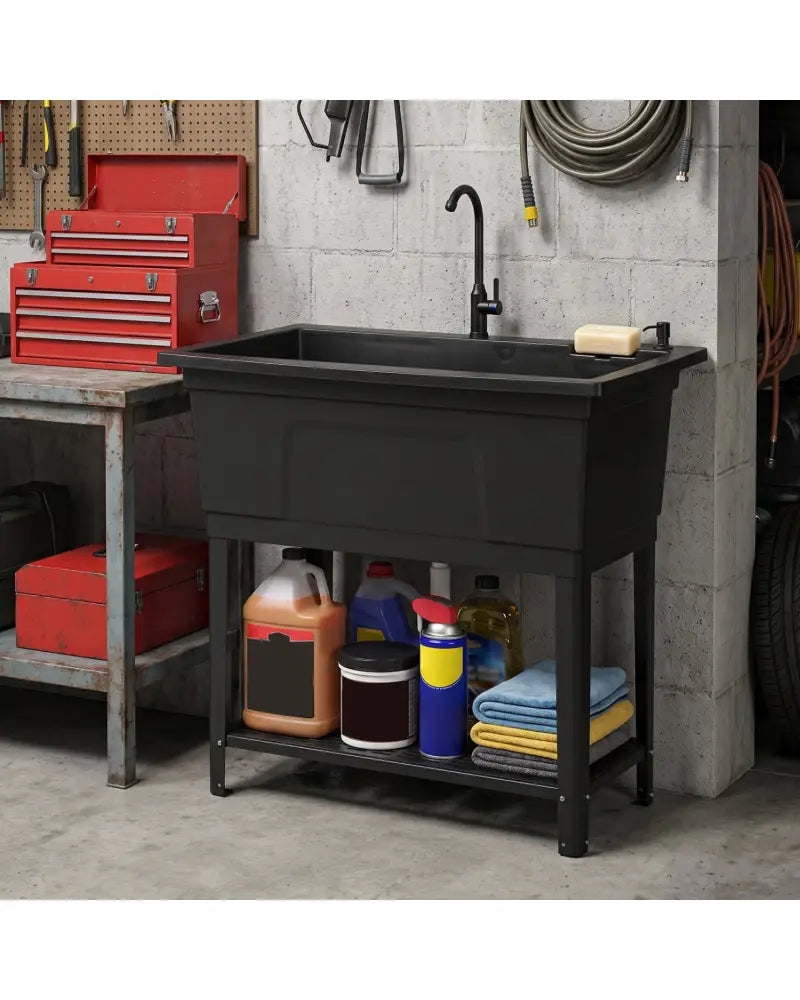100L Utility Sink Laundry Tub with Rotating Faucet and Storage Shelf-Black - Black - Garages