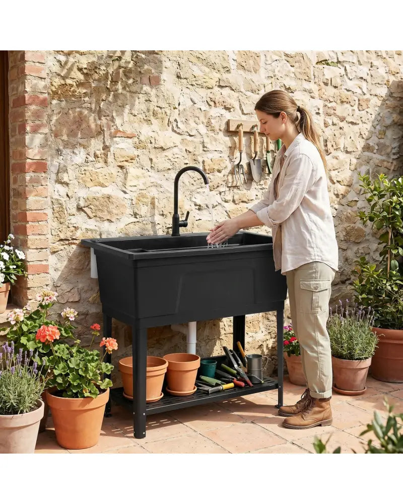 100L Utility Sink Laundry Tub with Rotating Faucet and Storage Shelf-Black - Black - Garages