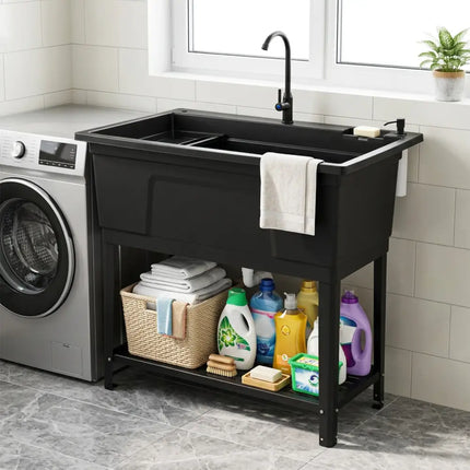 100L Utility Sink Laundry Tub with Rotating Faucet and Storage Shelf-Black - Black - Garages