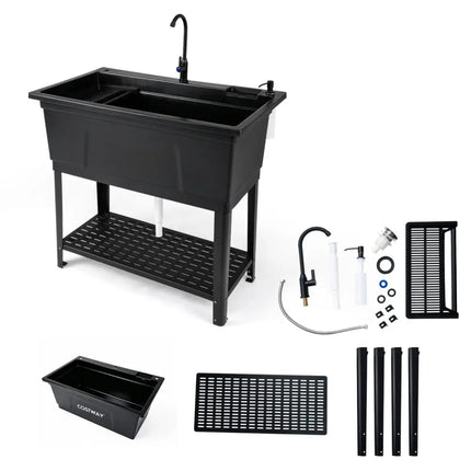 100L Utility Sink Laundry Tub with Rotating Faucet and Storage Shelf-Black - Black - Garages