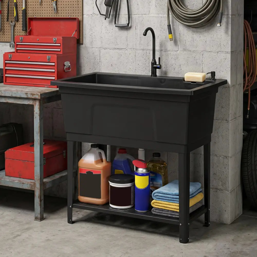 100L Utility Sink Laundry Tub with Rotating Faucet and Storage Shelf-Black - Black - Garages