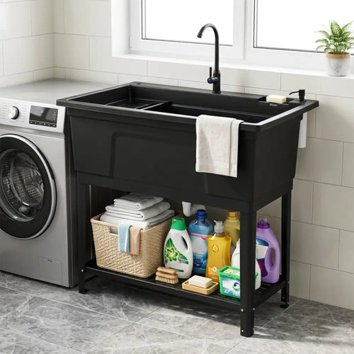 100L Utility Sink Laundry Tub with Rotating Faucet and Storage Shelf-Black - Black - Garages