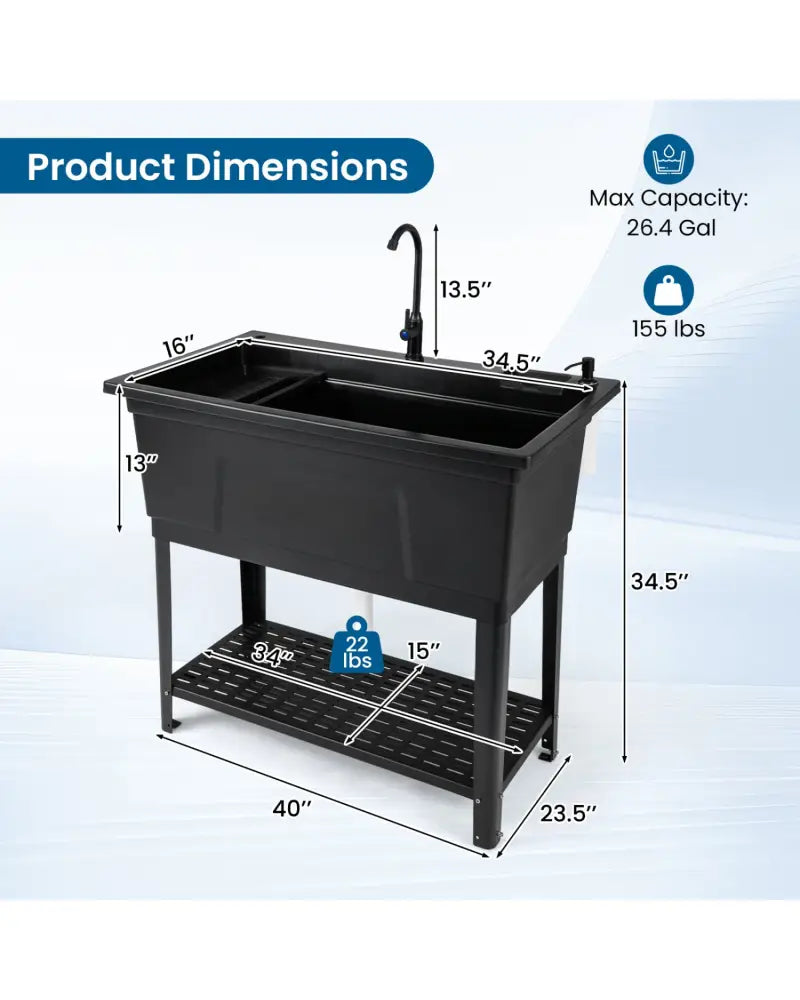 100L Utility Sink Laundry Tub with Rotating Faucet and Storage Shelf-Black - Black - Garages