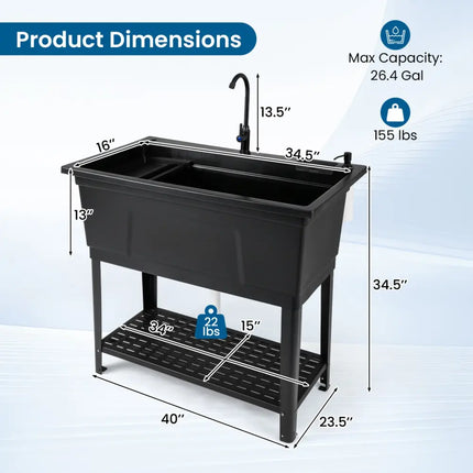 100L Utility Sink Laundry Tub with Rotating Faucet and Storage Shelf-Black - Black - Garages