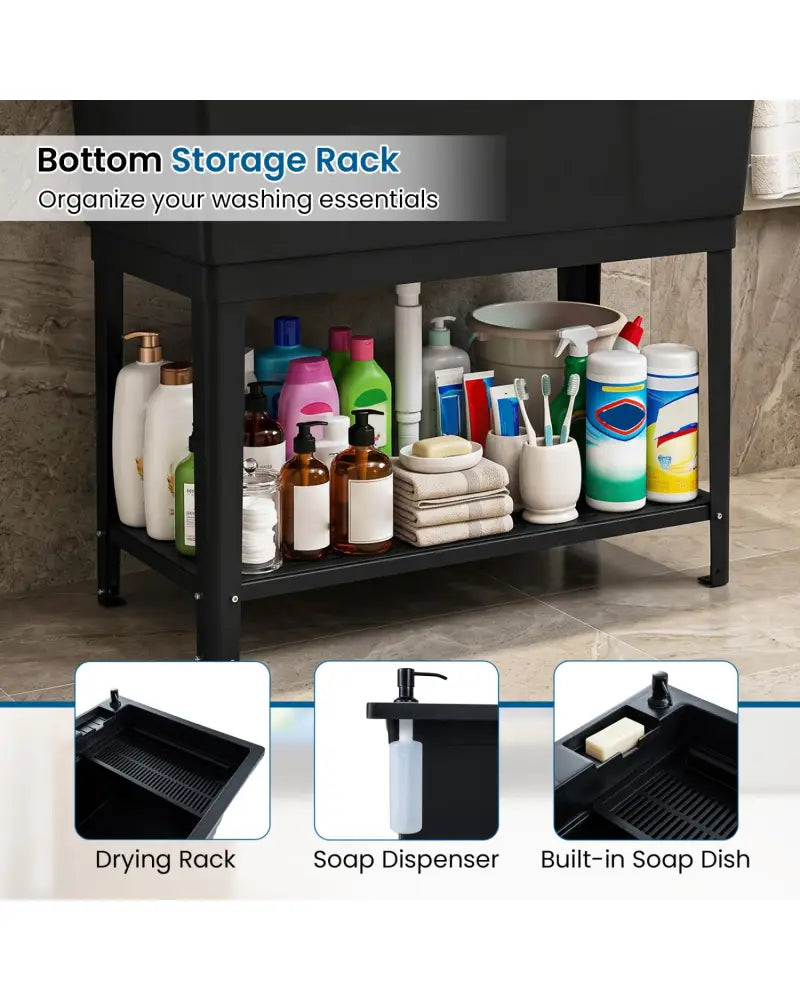 100L Utility Sink Laundry Tub with Rotating Faucet and Storage Shelf-Black - Black - Garages