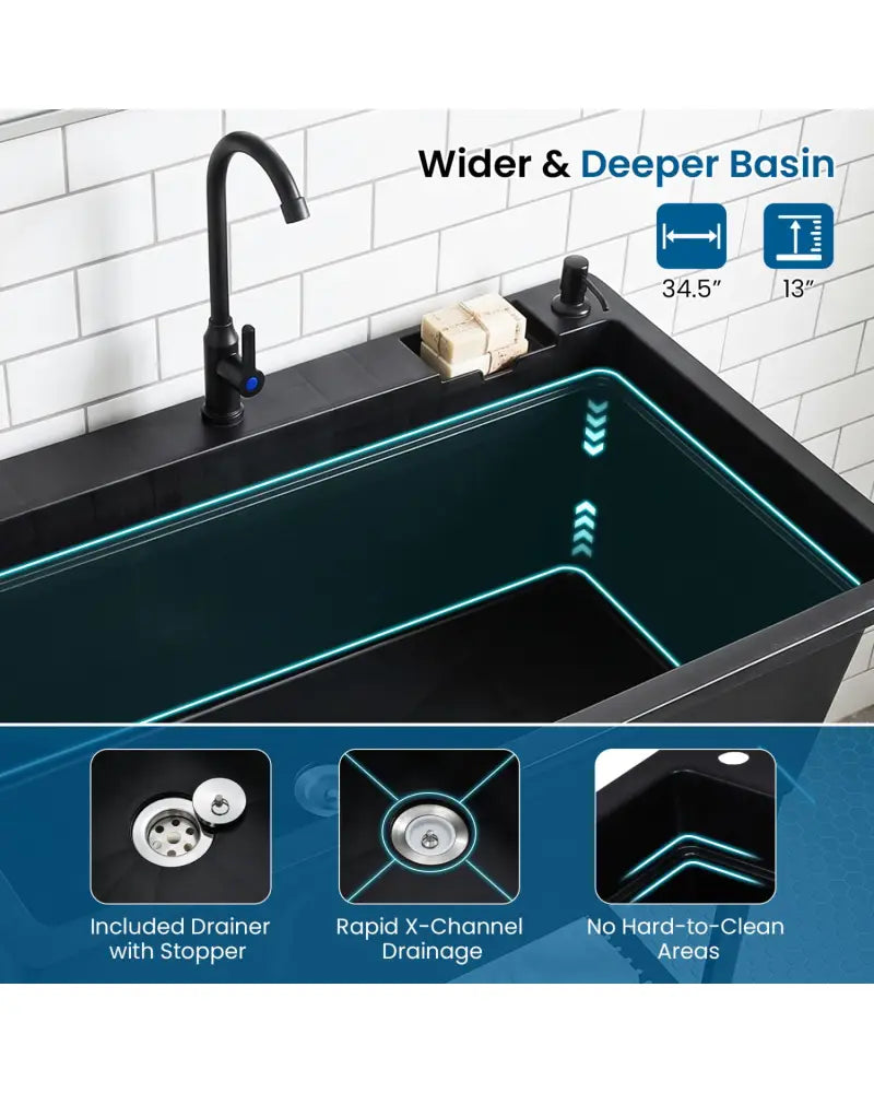 100L Utility Sink Laundry Tub with Rotating Faucet and Storage Shelf-Black - Black - Garages