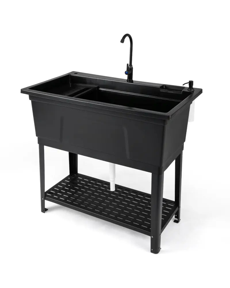 100L Utility Sink Laundry Tub with Rotating Faucet and Storage Shelf-Black - Black - Garages