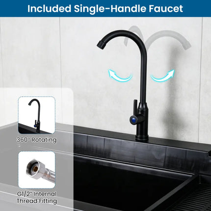 100L Utility Sink Laundry Tub with Rotating Faucet and Storage Shelf-Black - Black - Garages