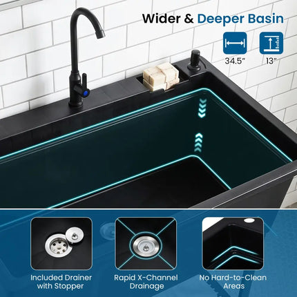 100L Utility Sink Laundry Tub with Rotating Faucet and Storage Shelf-Black - Black - Garages
