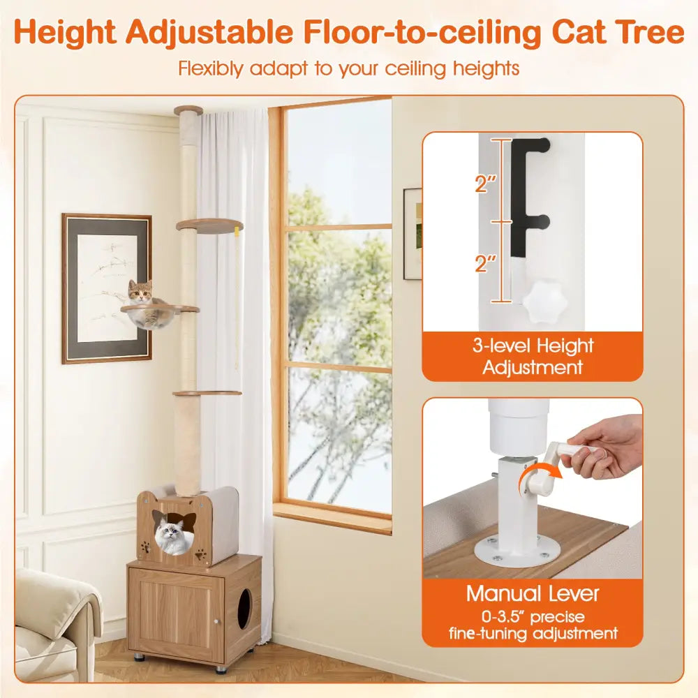101 Inch Floor to Ceiling Cat Tree Height Adjustable with Litter Box Enclosure-Brown - Brown - Cat Trees Condos &