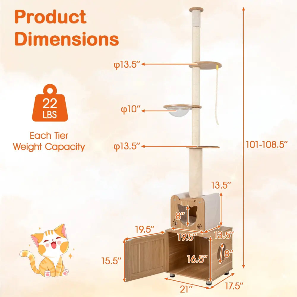 101 Inch Floor to Ceiling Cat Tree Height Adjustable with Litter Box Enclosure-Brown - Brown - Cat Trees Condos &