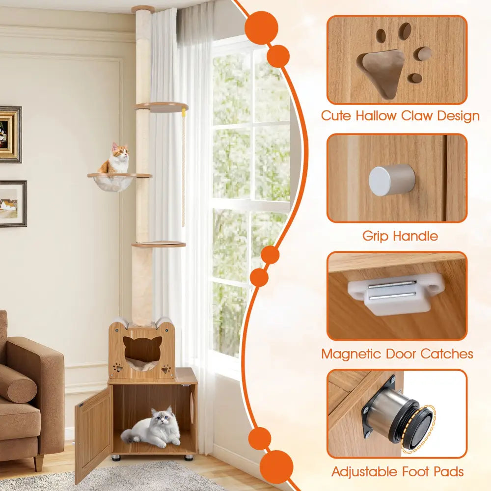 101 Inch Floor to Ceiling Cat Tree Height Adjustable with Litter Box Enclosure-Brown - Brown - Cat Trees Condos &