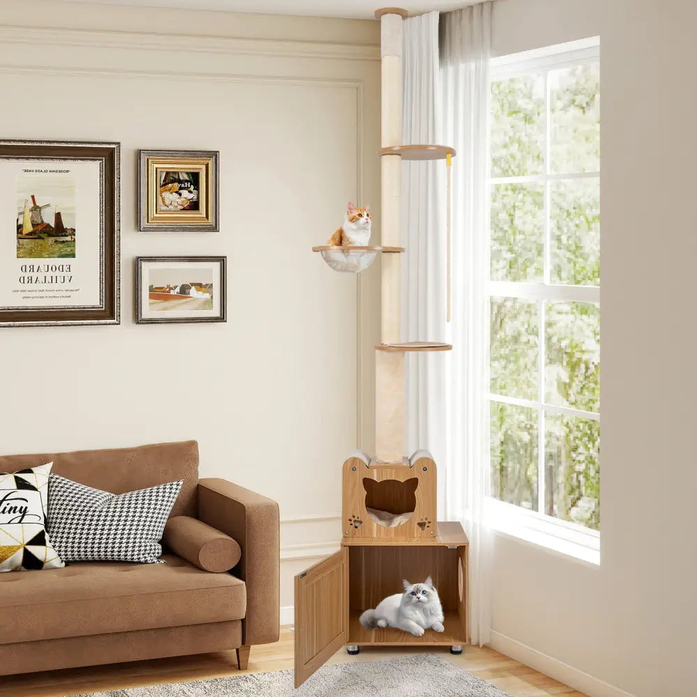 101 Inch Floor to Ceiling Cat Tree Height Adjustable with Litter Box Enclosure-Brown - Brown - Cat Trees Condos &