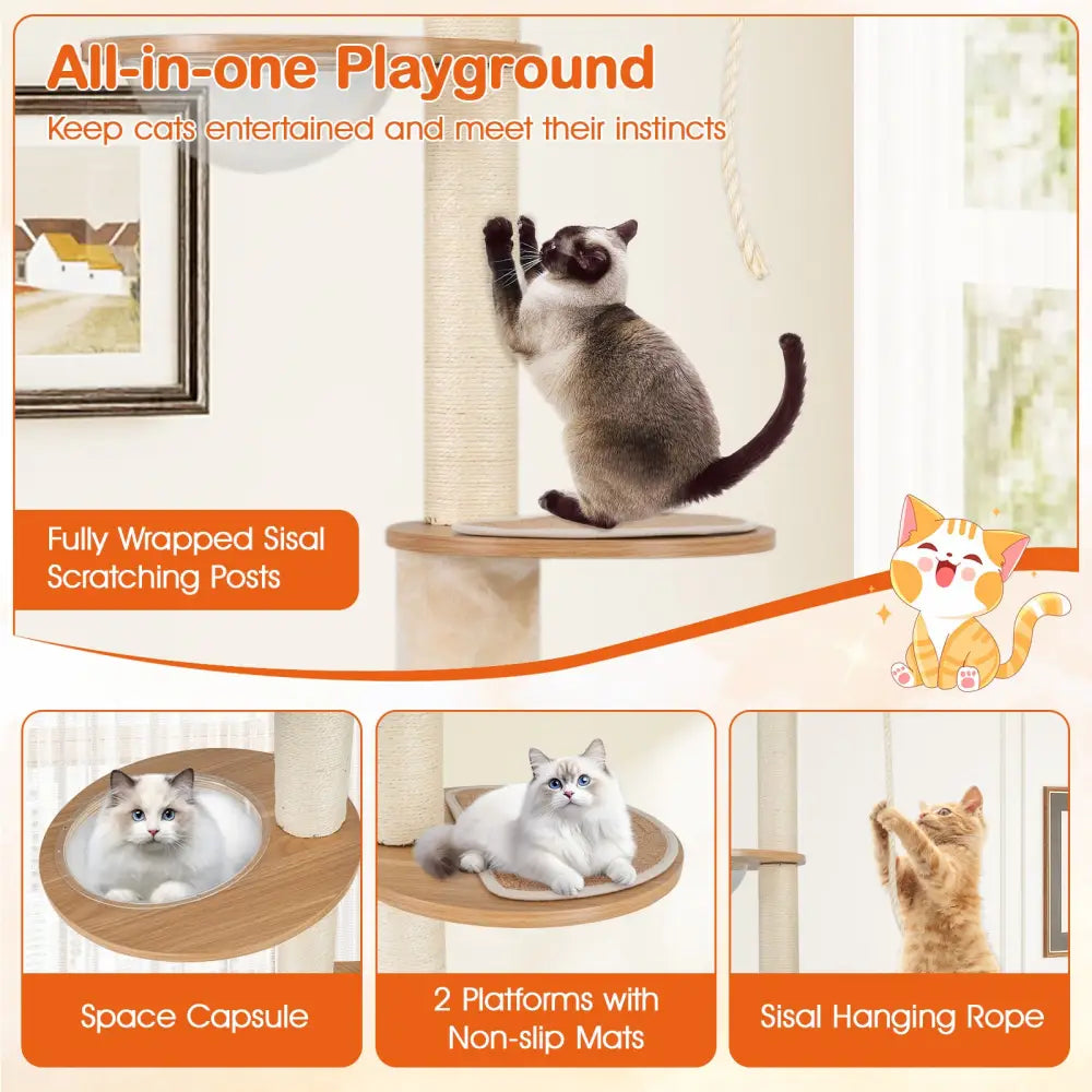 101 Inch Floor to Ceiling Cat Tree Height Adjustable with Litter Box Enclosure-Brown - Brown - Cat Trees Condos &