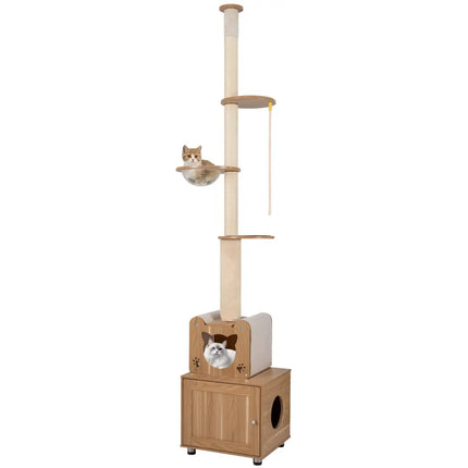 101 Inch Floor to Ceiling Cat Tree Height Adjustable with Litter Box Enclosure-Brown - Brown - Cat Trees Condos &