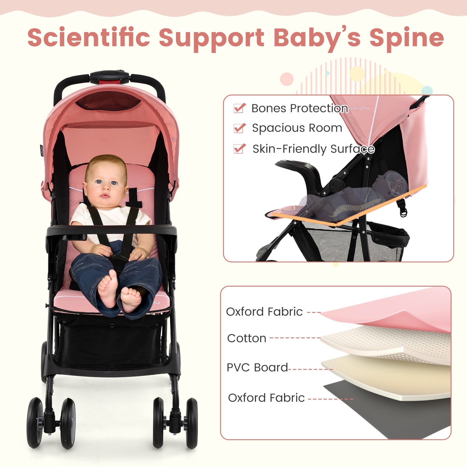Toddler Travel Stroller for Airplane with Canopy and Adjustable Backrest-Pink