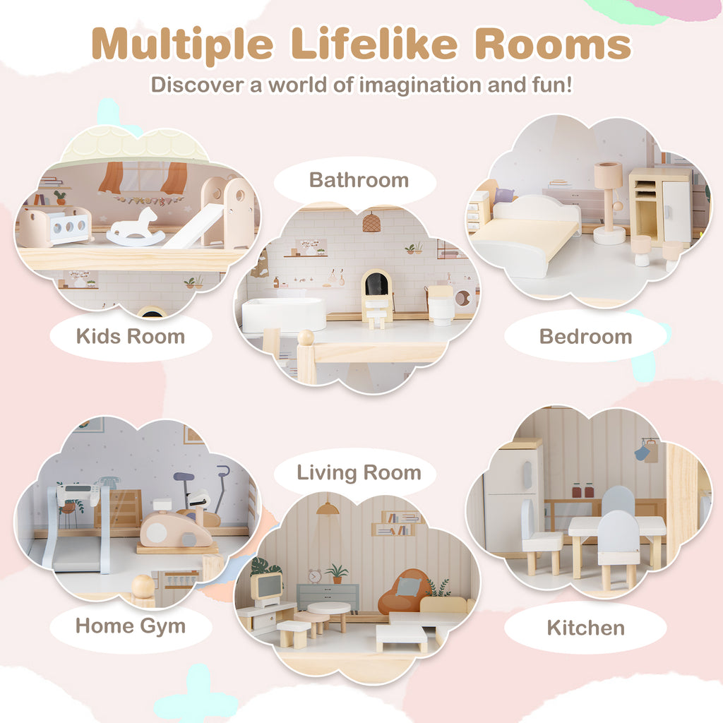 Wooden Dollhouse Kids DIY Pretend Playhouse with 33 PCS Furniture Accessories-Green