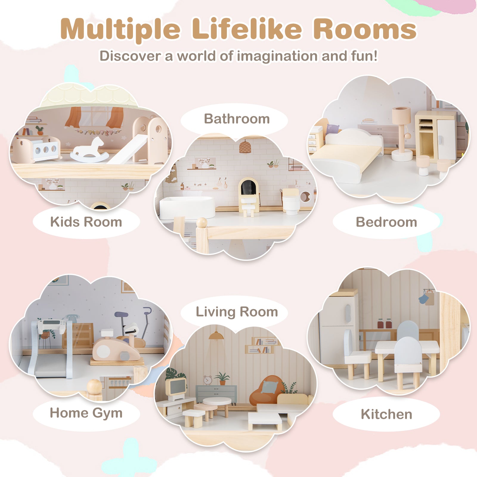 Wooden Dollhouse Kids DIY Pretend Playhouse with 33 PCS Furniture Accessories-Green