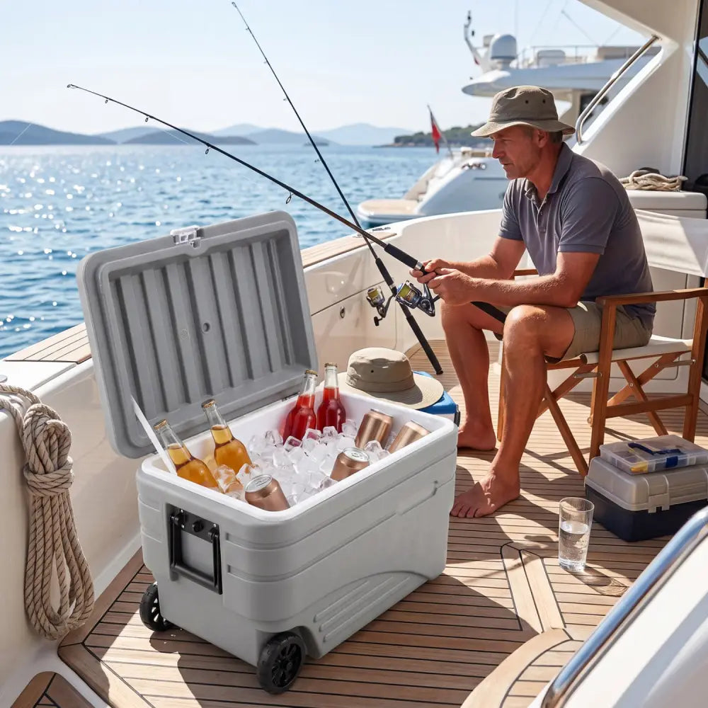 103 Quart Outdoor Portable Wheeled Ice Cooler with Foldable Pull and Carry Handles-Gray - Gray - Coolers