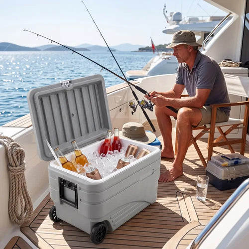 103 Quart Outdoor Portable Wheeled Ice Cooler with Foldable Pull and Carry Handles-Gray - Gray - Coolers
