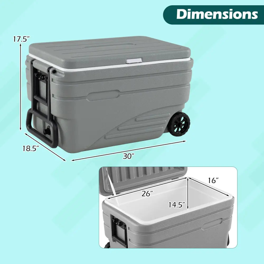 103 Quart Outdoor Portable Wheeled Ice Cooler with Foldable Pull and Carry Handles-Gray - Gray - Coolers