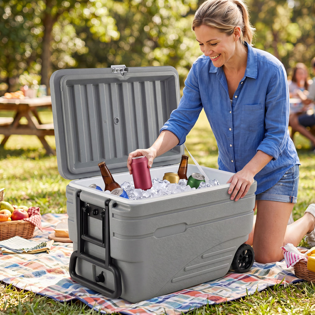 103 Quart Outdoor Portable Wheeled Ice Cooler with Foldable Pull and Carry Handles-Gray