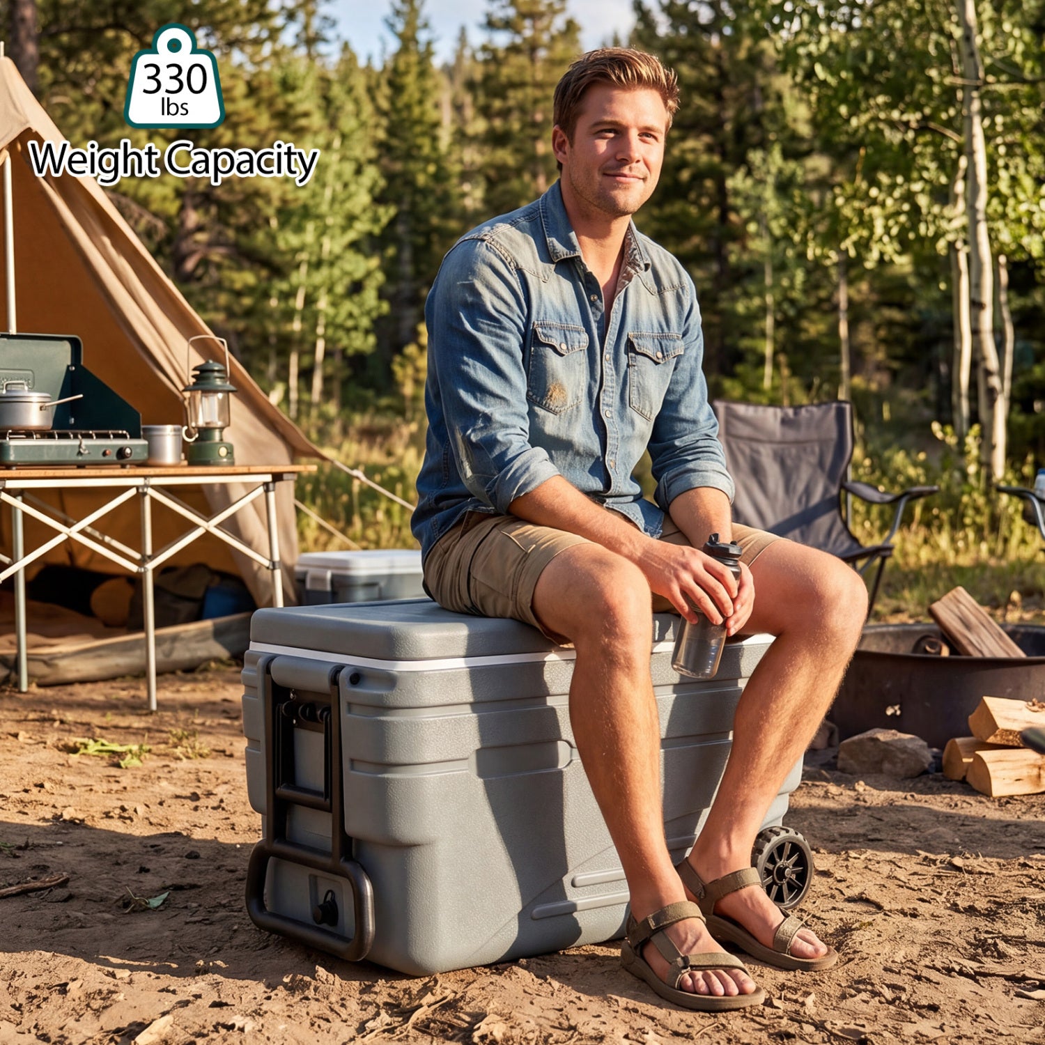 103 Quart Outdoor Portable Wheeled Ice Cooler with Foldable Pull and Carry Handles-Gray