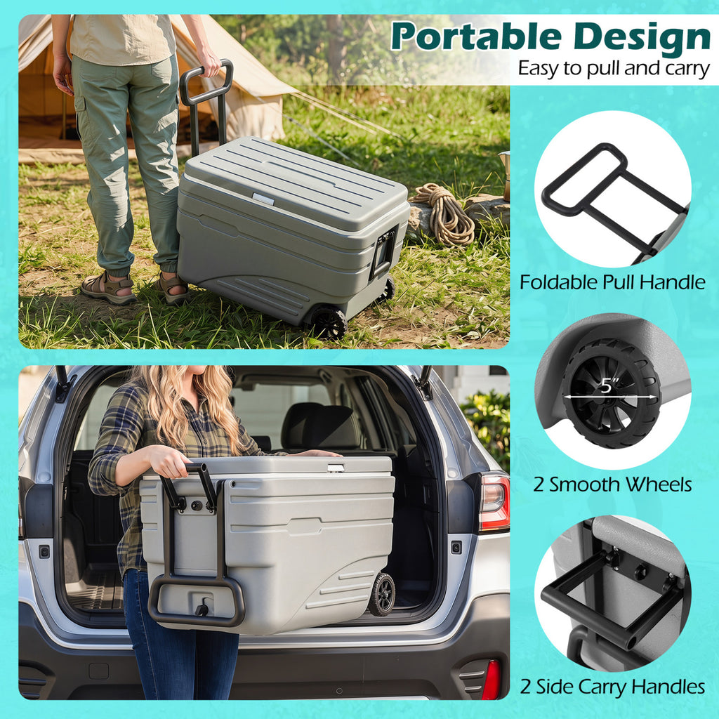 103 Quart Outdoor Portable Wheeled Ice Cooler with Foldable Pull and Carry Handles-Gray