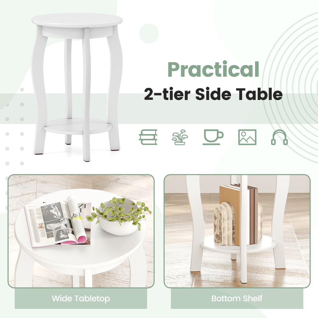 15 Inch 2-Tier Round End Table with Storage Shelf-White