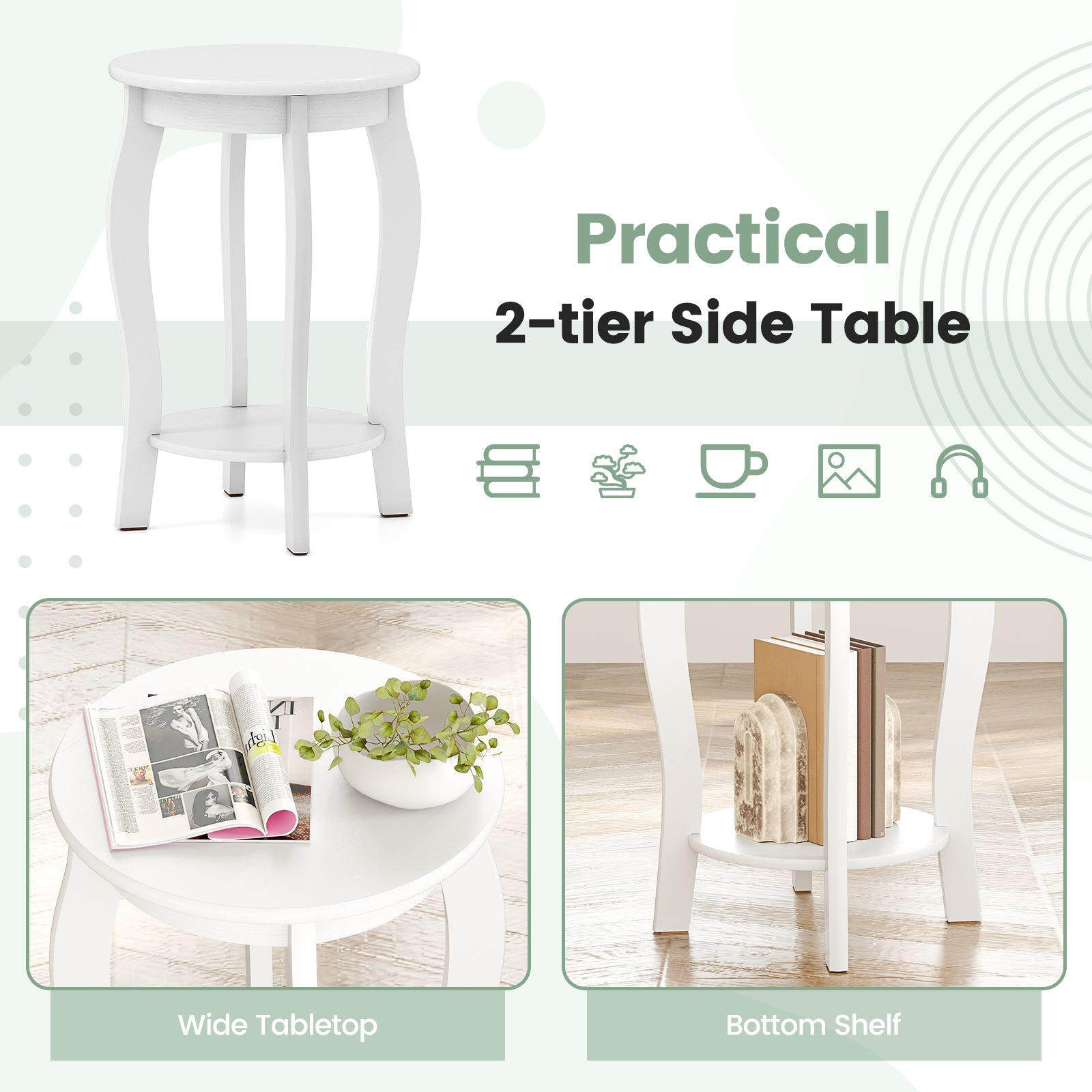 15 Inch 2-Tier Round End Table with Storage Shelf-White