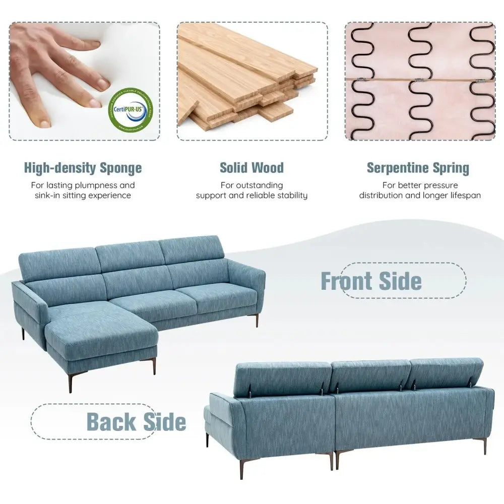 105 Inch L-Shaped Sofa Couch with 3 Adjustable Headrests-Blue Costway