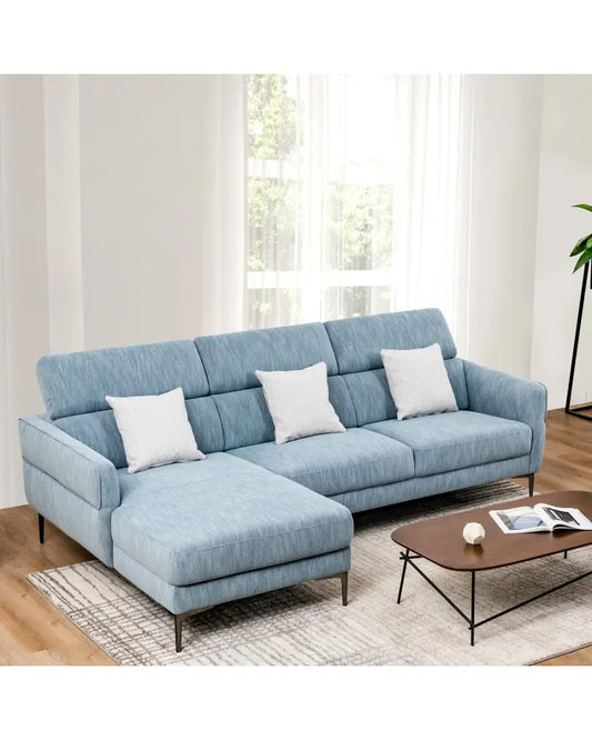105 Inch L-Shaped Sofa Couch with 3 Adjustable Headrests-Blue - Blue - Sofas & Loveseats