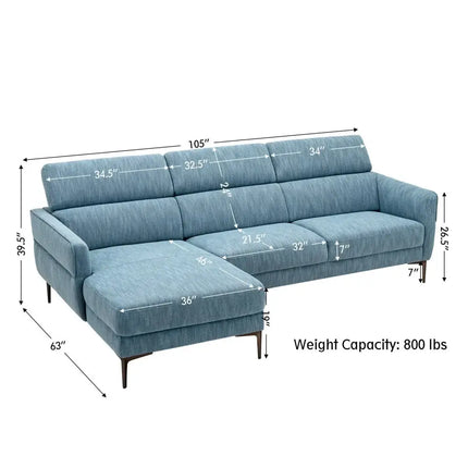 105 Inch L-Shaped Sofa Couch with 3 Adjustable Headrests-Blue Costway