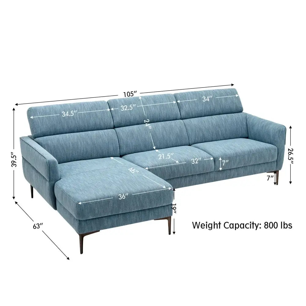 105 Inch L-Shaped Sofa Couch with 3 Adjustable Headrests-Blue Costway