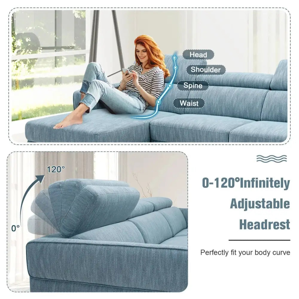 105 Inch L-Shaped Sofa Couch with 3 Adjustable Headrests-Blue Costway