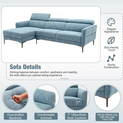 105 Inch L-Shaped Sofa Couch with 3 Adjustable Headrests-Blue Costway