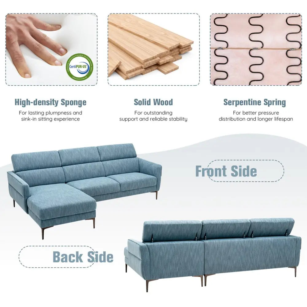 105 Inch L-Shaped Sofa Couch with 3 Adjustable Headrests-Blue - Blue - Sofas & Loveseats