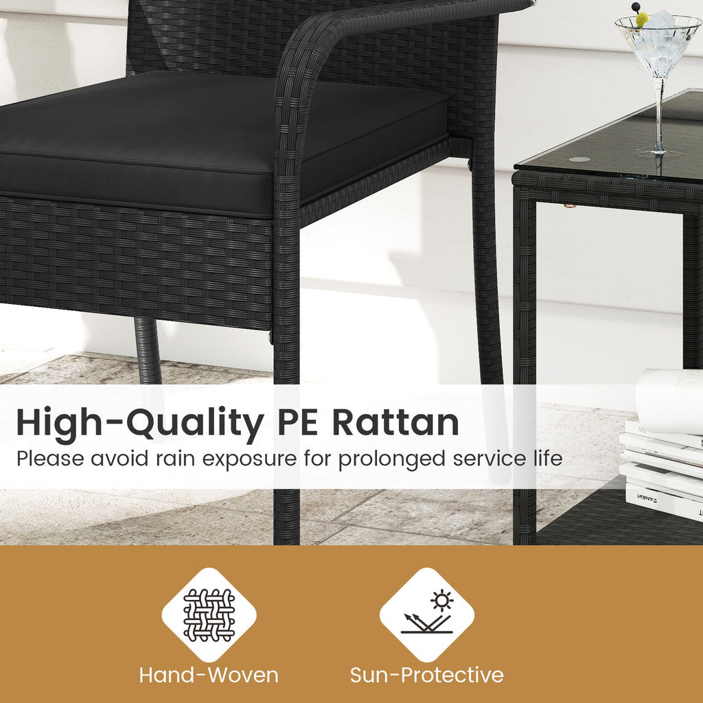3 Piece Patio Furniture Set with Seat Cushions and Tempered Glass Tabletop-Black