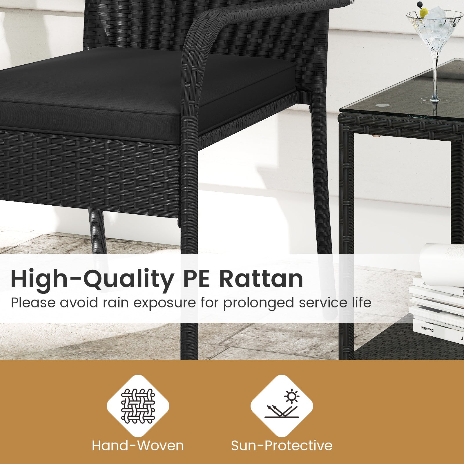 3 Piece Patio Furniture Set with Seat Cushions and Tempered Glass Tabletop-Black