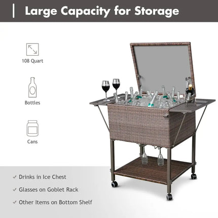 108 Qt Outdoor Portable Rattan Cooler Cart Trolley - Brown - Patio Bar Furniture