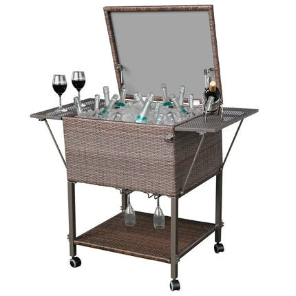 108 Qt Outdoor Portable Rattan Cooler Cart Trolley - Brown - Patio Bar Furniture