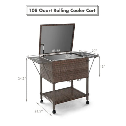 108 Qt Outdoor Portable Rattan Cooler Cart Trolley - Brown - Patio Bar Furniture