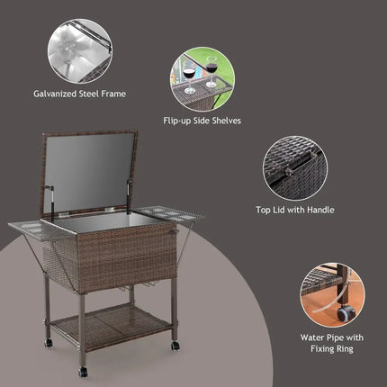 108 Qt Outdoor Portable Rattan Cooler Cart Trolley - Brown - Patio Bar Furniture